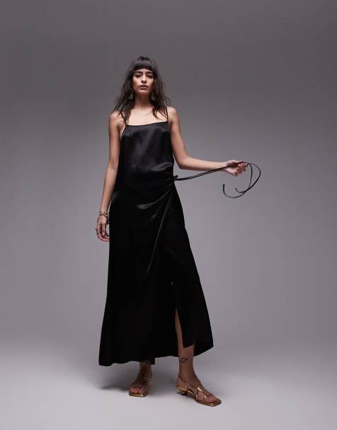 Topshop premium square neck wrap midi slip in black - view 1