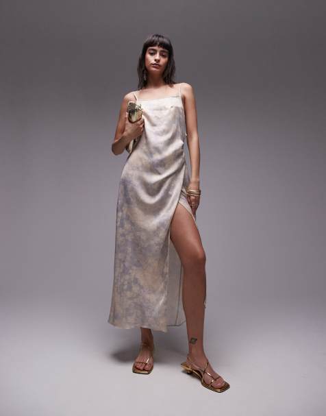 Topshop premium square neck wrap midi slip in dusty blue floral - view 1