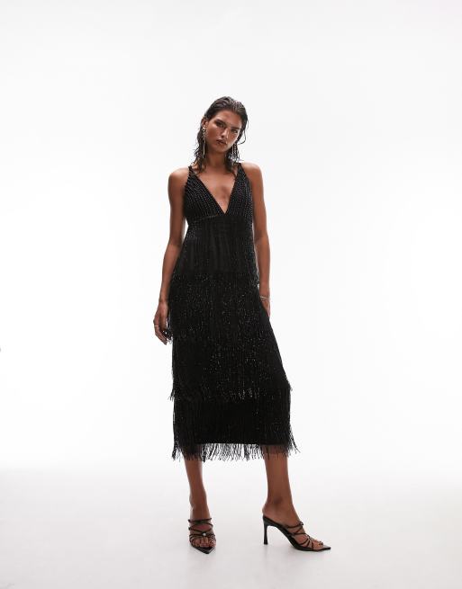 Topshop premium strappy embellished fringe and beaded mix midi dress in black