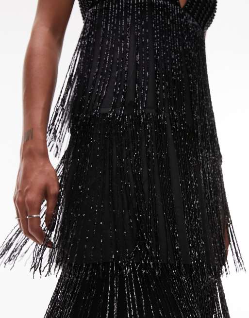 Topshop + Mink Long Mesh Ruffle Dress Lace & Beads