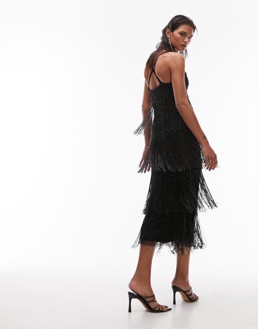 Topshop premium strappy embellished fringe and beaded mix midi dress in black ASOS