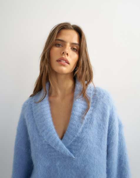 Topshop Premium-Strickpullover mit Schalkragen und Wolle in Blau - view 1