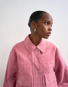 Model wearing Premium suede bomber jacket in pink
