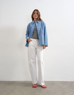 Model wearing Premium suede jacket in blue