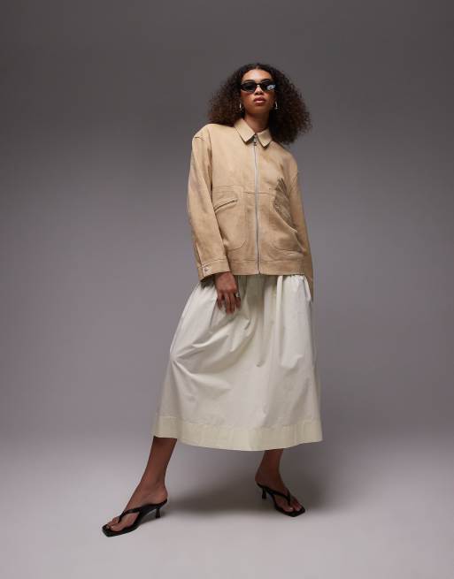 Topshop premium suede jacket with seam detail in buttermilk
