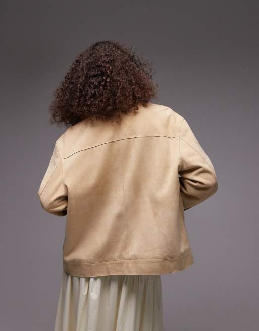 Topshop premium suede jacket with seam detail in buttermilk