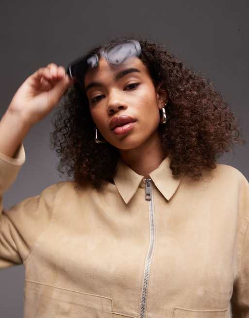 Topshop premium suede jacket with seam detail in buttermilk