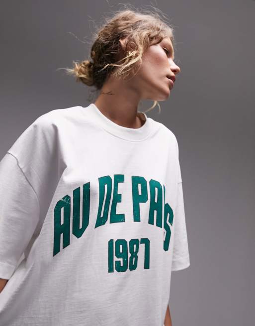Topshop - Premium - Super oversized T-shirt met grafische Av De Paris-print in wit, 2 van 4