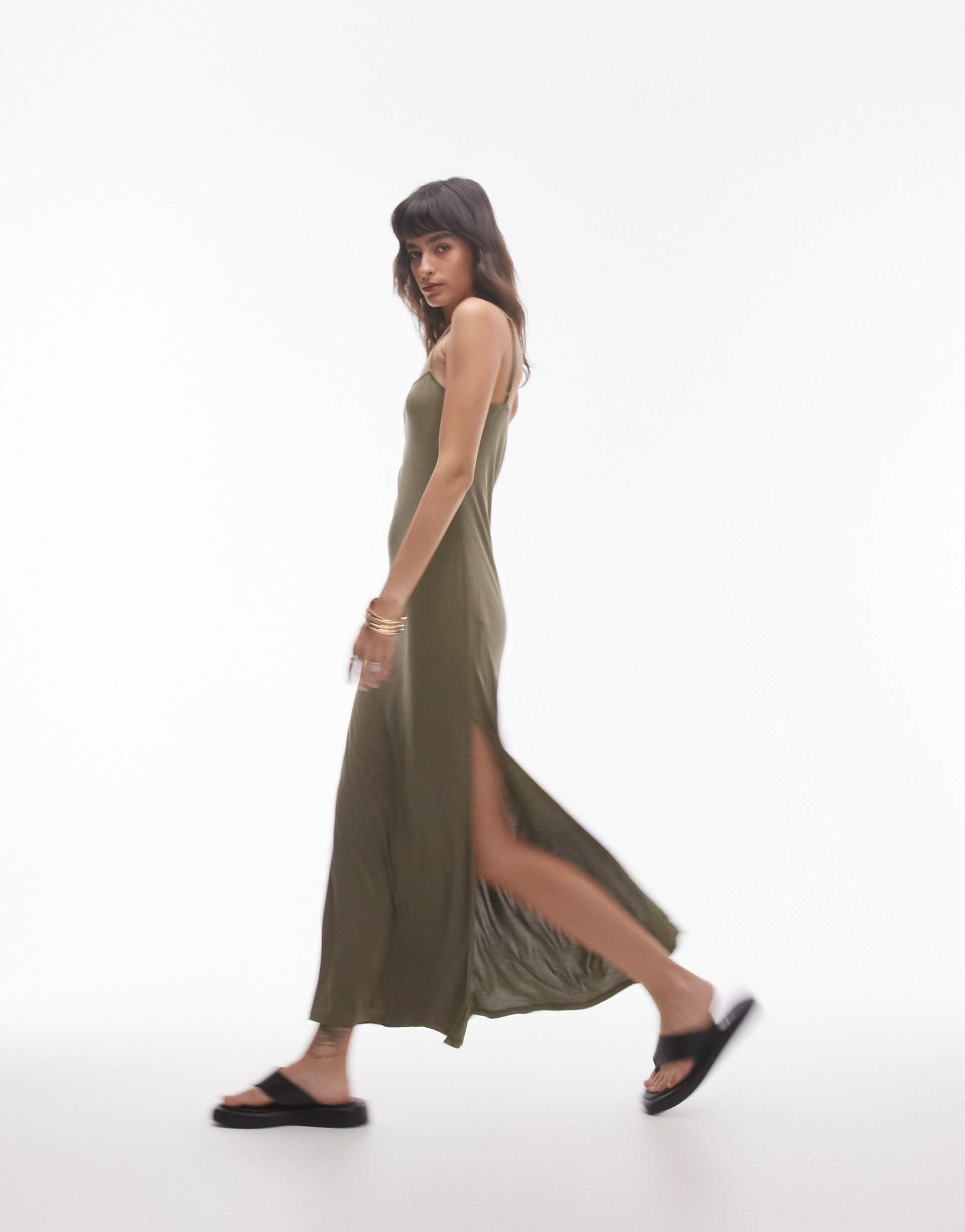 topshop premium super soft square neck cami midi dress in khaki