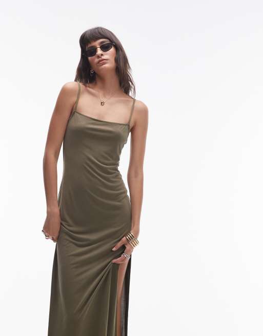 Topshop premium super soft square neck cami midi dress in khaki, 2 of 4