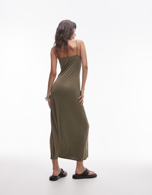Topshop premium super soft square neck cami midi dress in khaki, 4 of 4