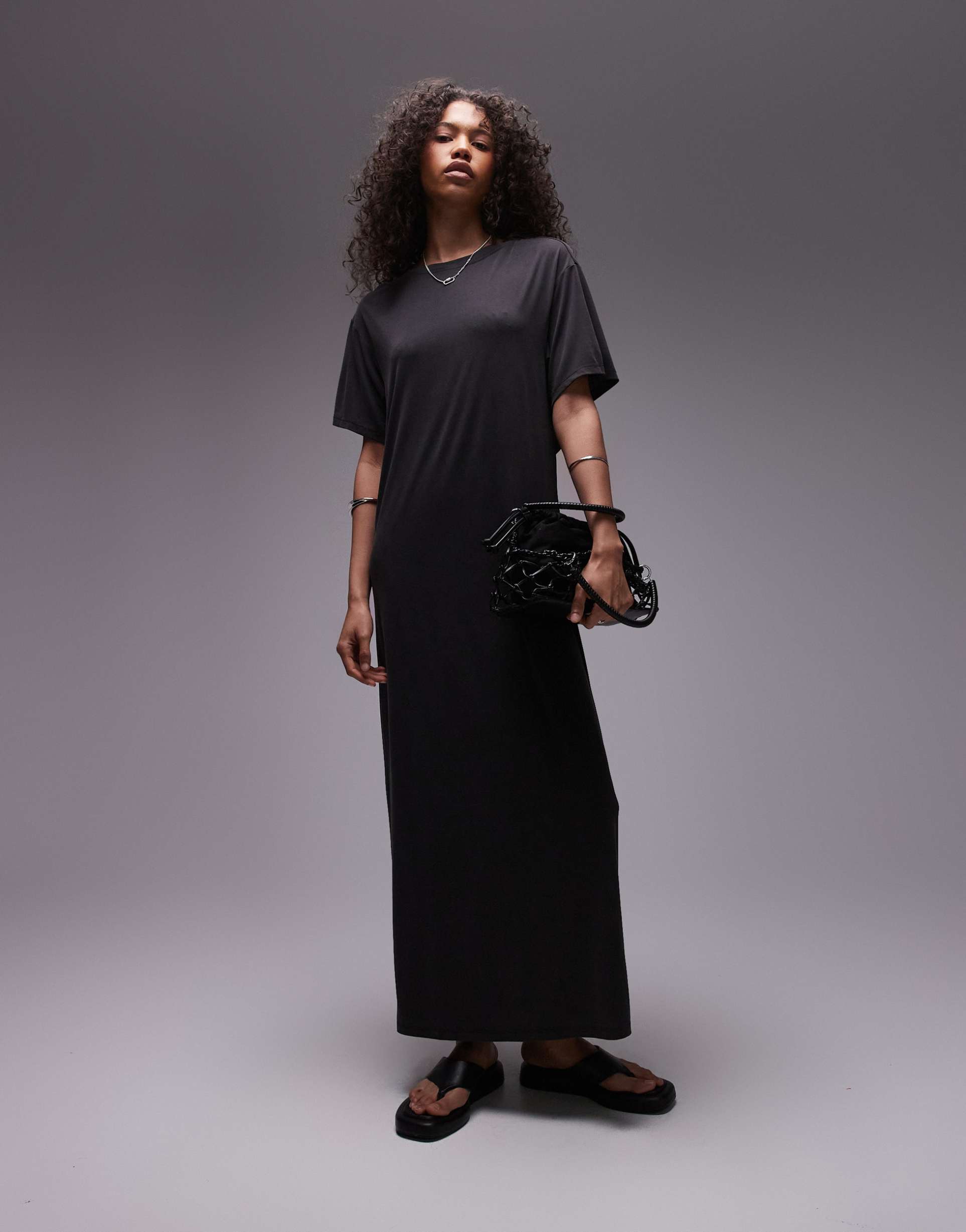 topshop premium super soft twist back cupro t-shirt midaxi dress in black