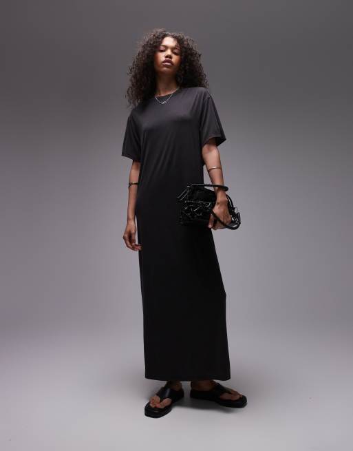 Topshop premium super soft twist back cupro t shirt midi dress in black ASOS