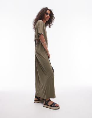 premium super soft twist back cupro t-shirt midi dress in khaki-Green