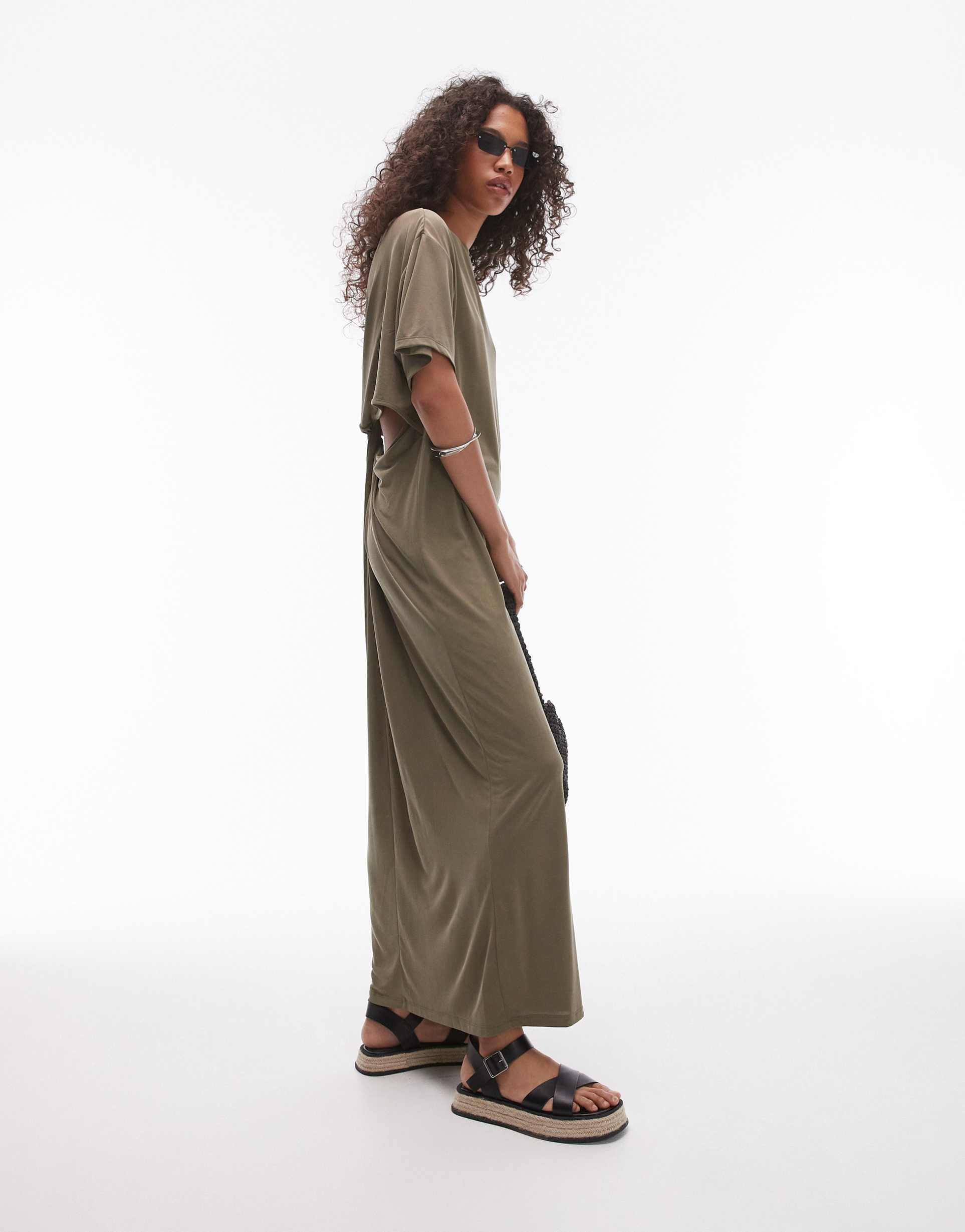 topshop premium super soft twist back cupro t-shirt midi dress in khaki