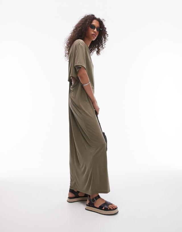 Topshop - premium super soft twist back cupro t-shirt midi dress in khaki