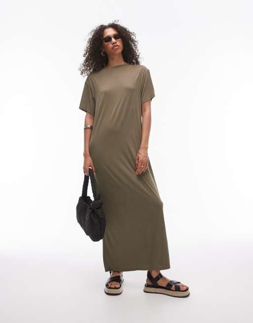 Topshop premium super soft twist back cupro t-shirt midi dress in
