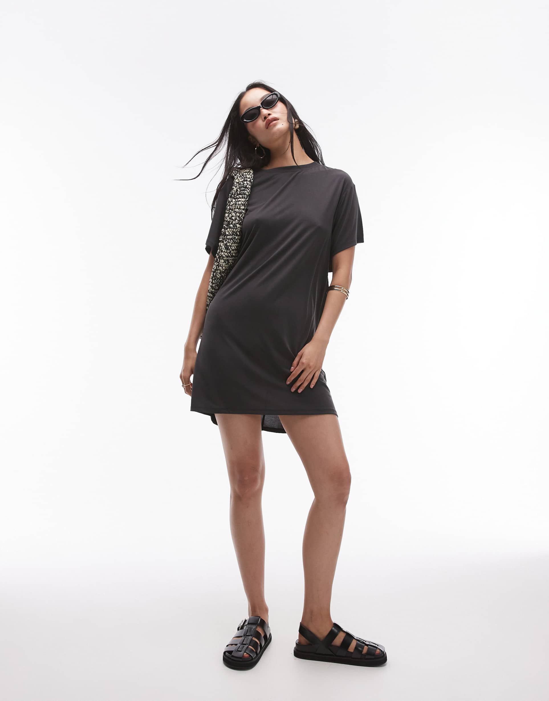 topshop premium super soft twist back cupro t-shirt mini dress in black