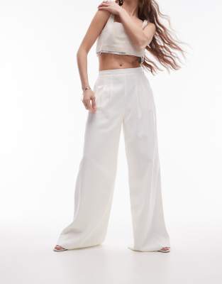 Topshop Premium Super Wide Leg Pleated Pants In Ecru-white