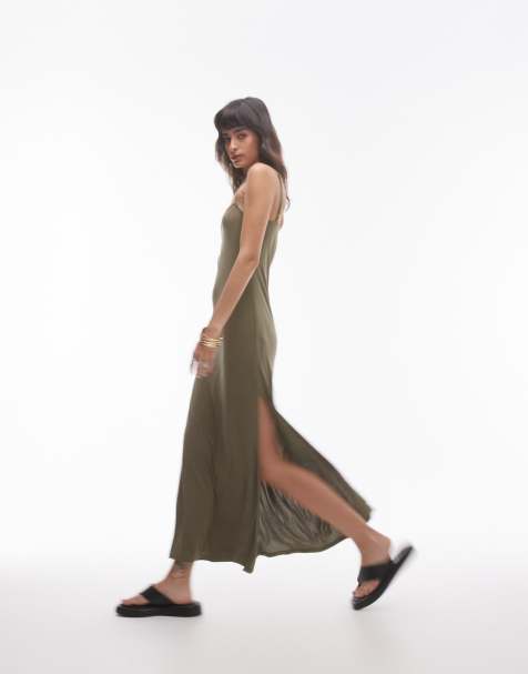 Topshop - Premium - Superzachte midi cami-jurk met vierkante hals in kaki - view 1