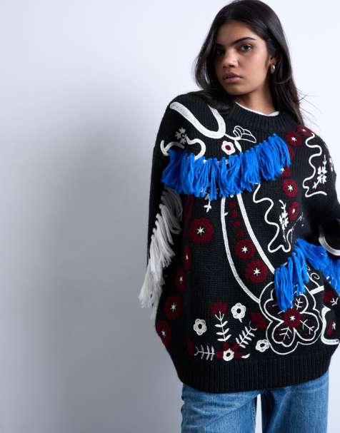 Topshop – Premium – Svart, stickad tröja i oversize med broderi - view 1