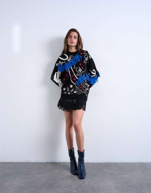 Topshop – Premium – Svart, stickad tröja i oversize med broderi, 2 av 4