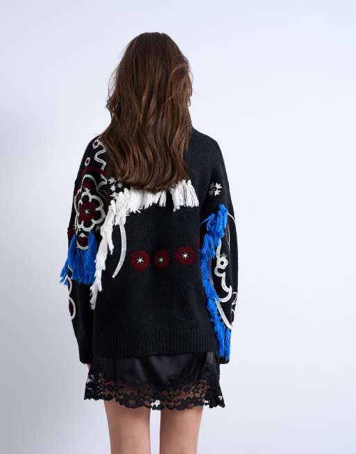 Topshop – Premium – Svart, stickad tröja i oversize med broderi, 3 av 4