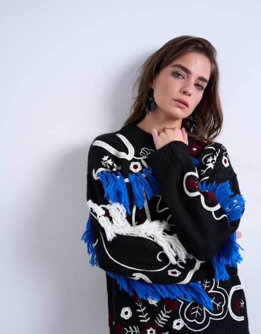 Topshop – Premium – Svart, stickad tröja i oversize med broderi, 4 av 4