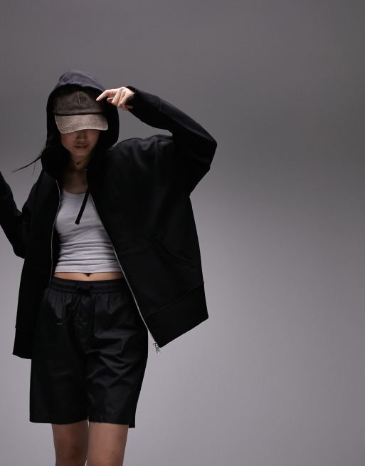 Topshop Premium - Sweat à capuche zippé oversize - Noir