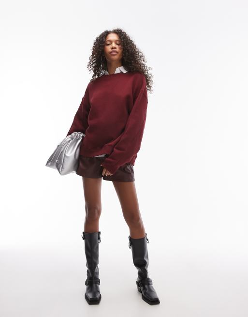Topshop - Premium sweater met naaddetail in bordeauxrood, 3 van 4