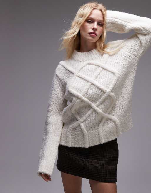 Topshop Premium – Sweter oversize z dzianiny o warkoczowym splocie w kolorze kości słoniowej