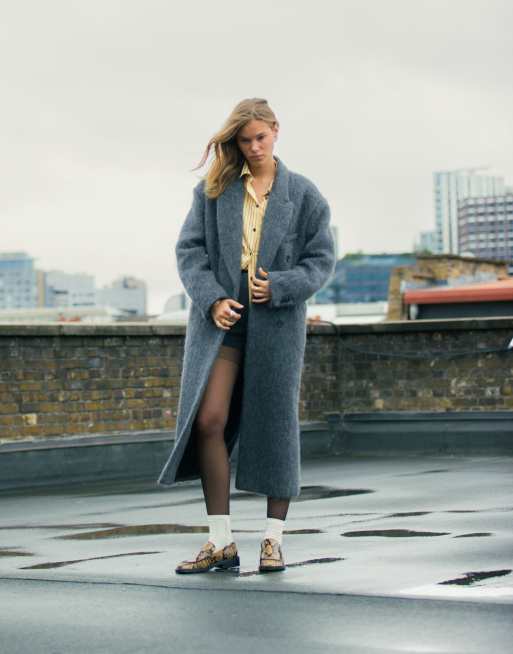 Topshop – Premium – Szary elegancki płaszcz szczotkowany oversize z mieszanki wełny