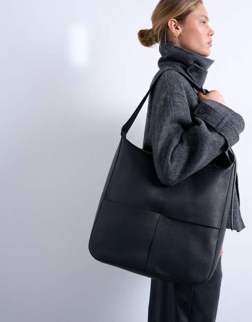 Topshop - Premium - Teegan - Sort oversized tote-taske med vævet design i ægte læder