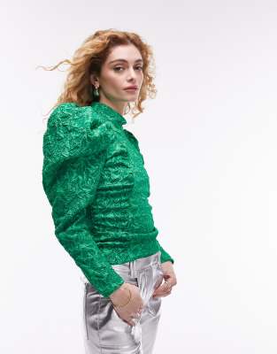 Topshop premium textured high neck top in green