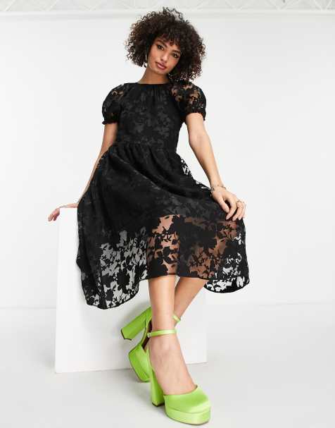 Topshop premium textured midi dress in black - view 1