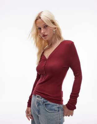 premium textured waffle knit long sleeve top in deep red-No color