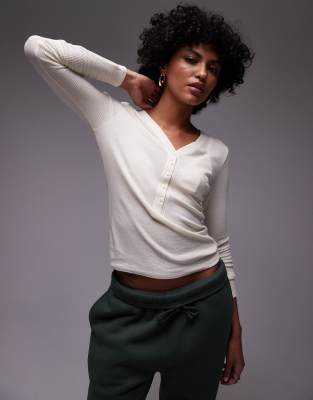 premium textured waffle knit long sleeve top in ecru-No color