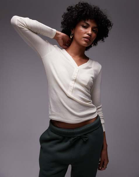 Topshop premium textured waffle long sleeve top in ecru - view 1