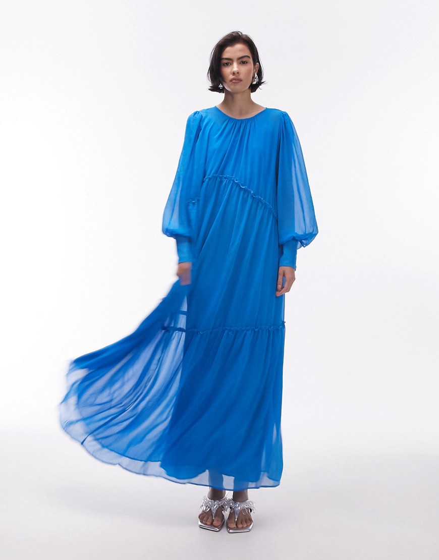 Topshop premium tiered bright chuck on maxi dress in blue