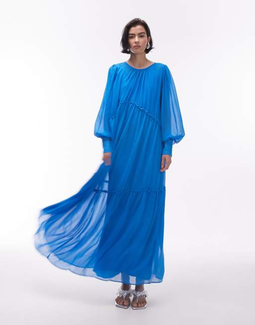 Topshop premium tiered bright chuck on maxi dress in blue | ASOS