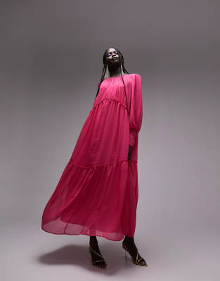 Topshop premium tiered bright chuck on maxi dress in pink