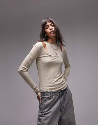 Topshop Premium - Top a maniche lunghe color pietra a doppio strato trasparente con scollo a vogatore