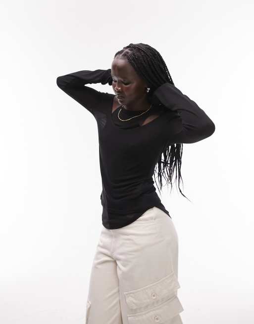 Topshop Premium - Top a maniche lunghe nero a doppio strato con scollo a vogatore