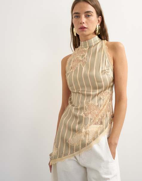 Topshop premium top all'americana con dettaglio in pizzo a contrasto a righe verdi - view 1