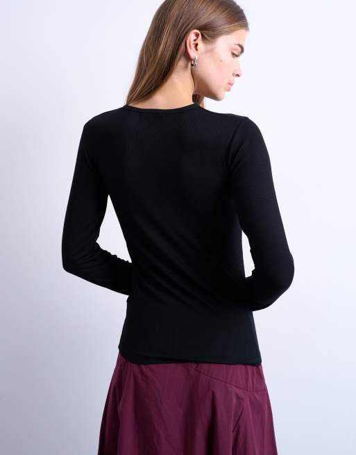 Topshop Premium - Top côtelé à manches longues - Noir, 3 de 4