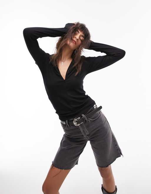 Topshop - Premium - Top met lange mouwen en open kraag in zwart