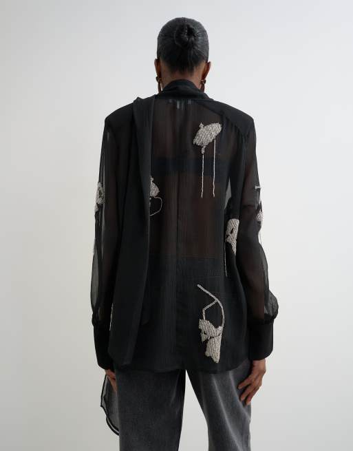 Topshop premium top met versiering en chiffon sjaaldetail in zwart, 4 van 4