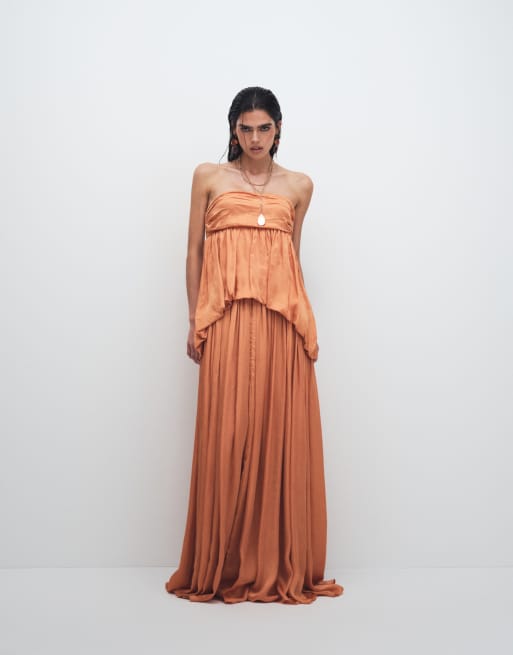 Topshop – Premium – Trägerloses Satin-Maxikleid in Orange mit tiefer Taille, 3 von 8