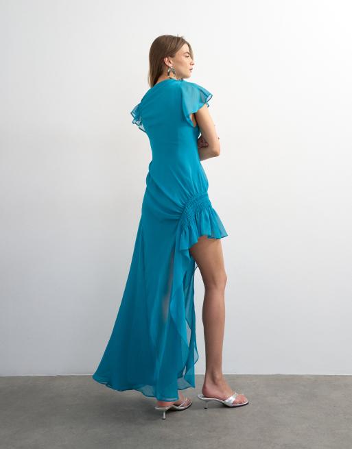 Topshop - Premium - Turkisblå smock-maxikjole med høj-og-lav-sømkant i chiffon, 4 af 4