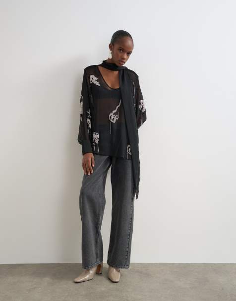 Topshop premium udsmykket chiffon-top med tørklædedetalje i sort - view 1